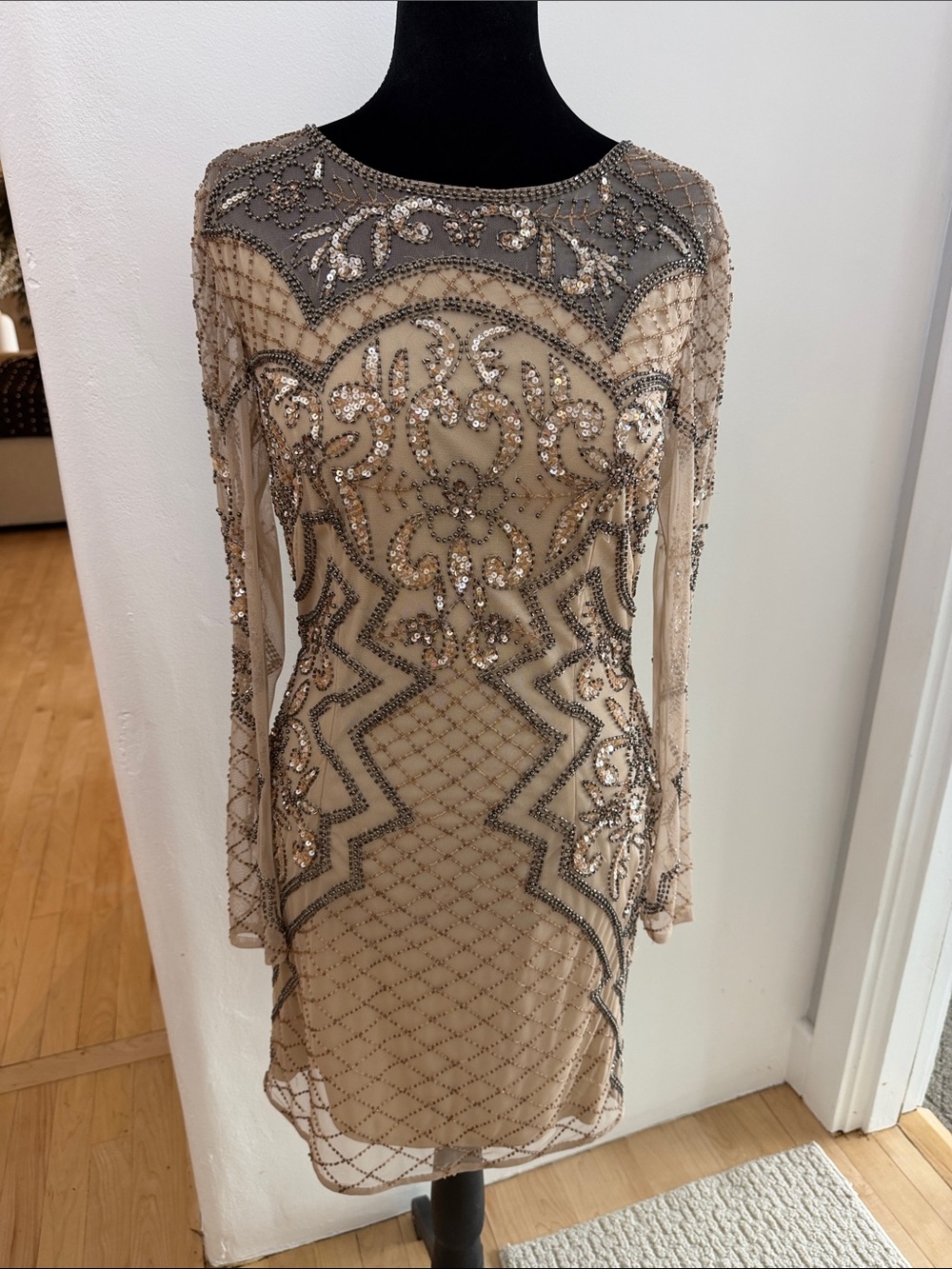 LARA Nude Long-Sleeve Beaded Cocktail Dress with Silver Accents